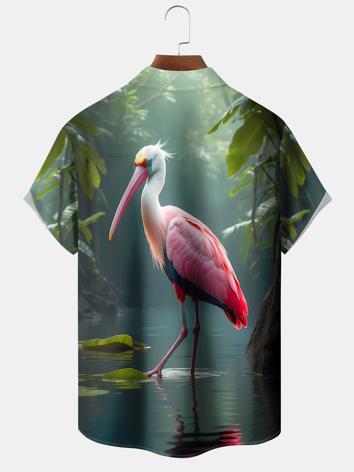 Alohadaddy Hawaii Vacation Tropical 3D Flamingo Print Art Pocket Button Short Sleeve Stretch Casual Shirt