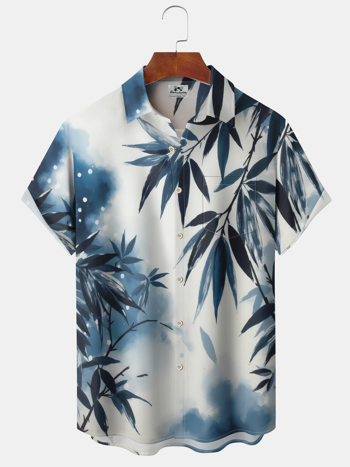 Alohadaddy Hawaiian Retro Series Ink Bamboo Leaf Print Art Pocket Button Elastic Large Size Shirt