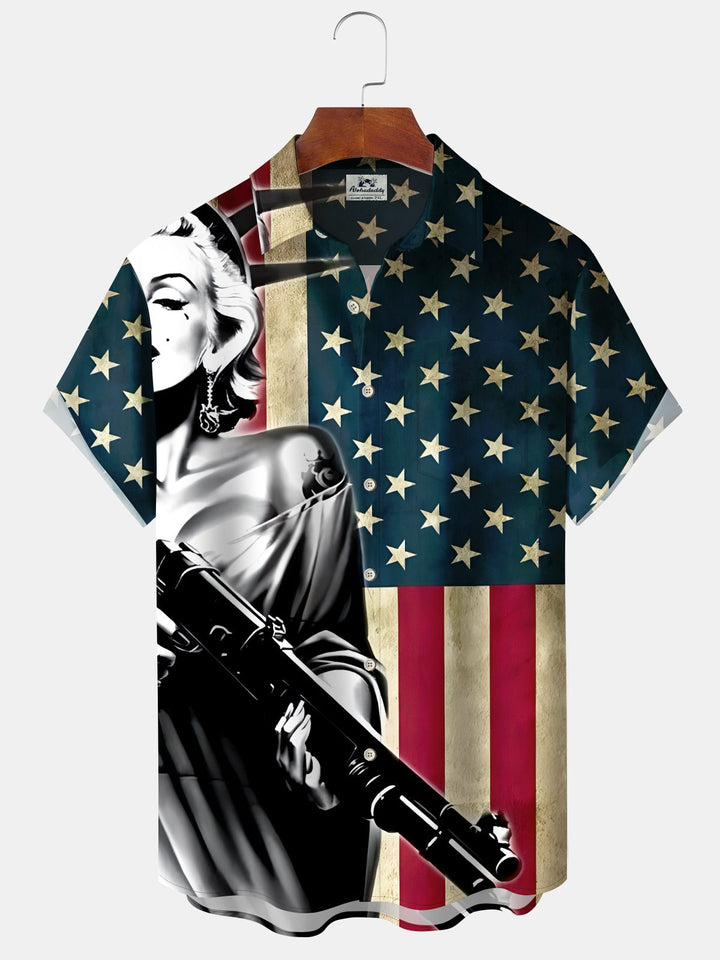 Alohadaddy Holiday Collection Independence Day American Flag Print Art Button Cardigan Pockets Stretch Large Size Long Short Sleeve Shirt