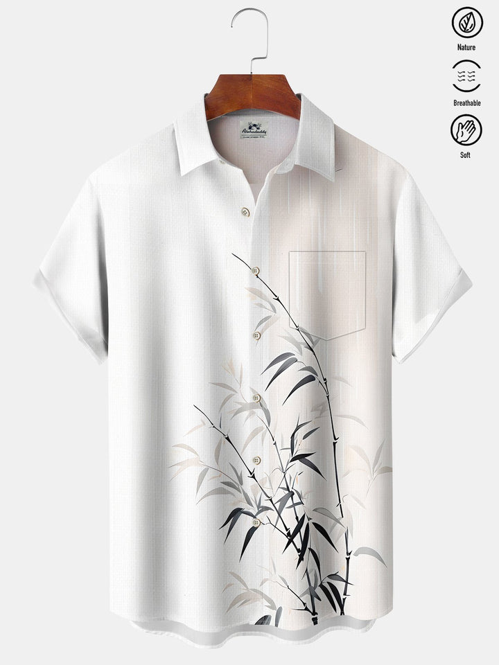 Alohadaddy Hawaiian Asymmetric Bamboo Painting Art Buttons Cardigan Pockets Large Size Long Polyester Short Sleeve Shirt
