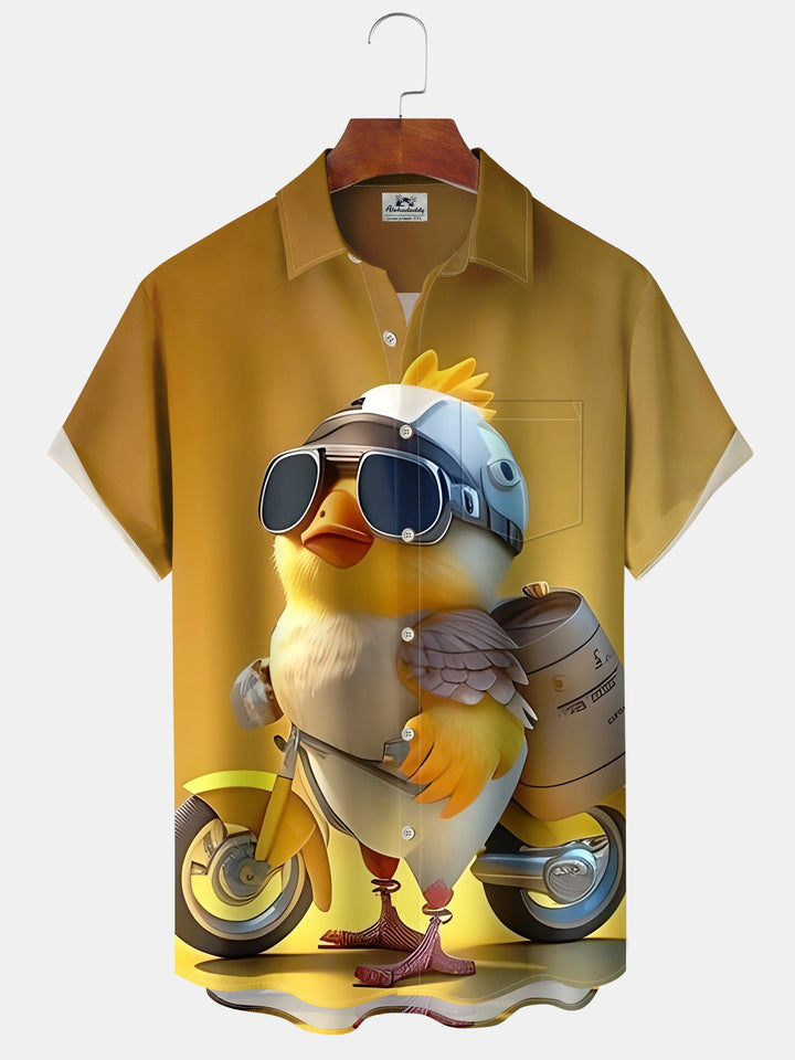 Alohadaddy Hawaiian Casual Cycling Chicken Print Art Button Cardigan Pocket Stretch Polyester Long Large Size Short Sleeve Shirt
