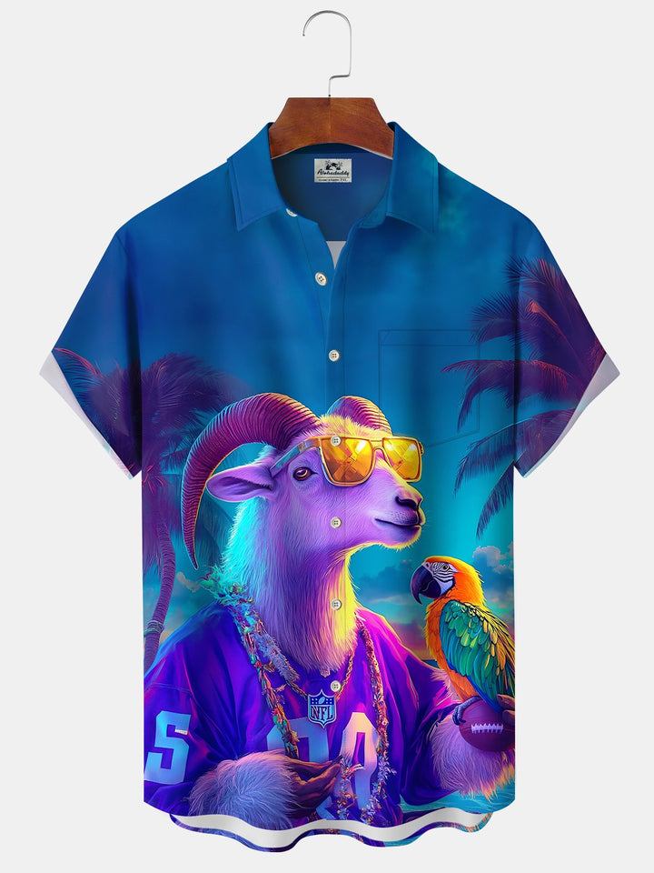 Alohadaddy Hawaiian Goat Parrot Print Art Cardigan Button Pocket Stretch Long Oversized Short Sleeve Shirt