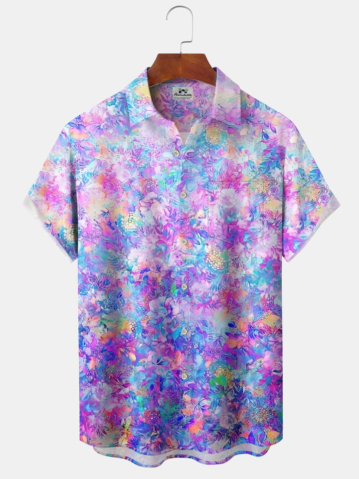 Alohadaddy Hawaiian Flowers Gradient Art Print Button Pocket Cardigan Stretch Large Size Short Sleeve Shirt