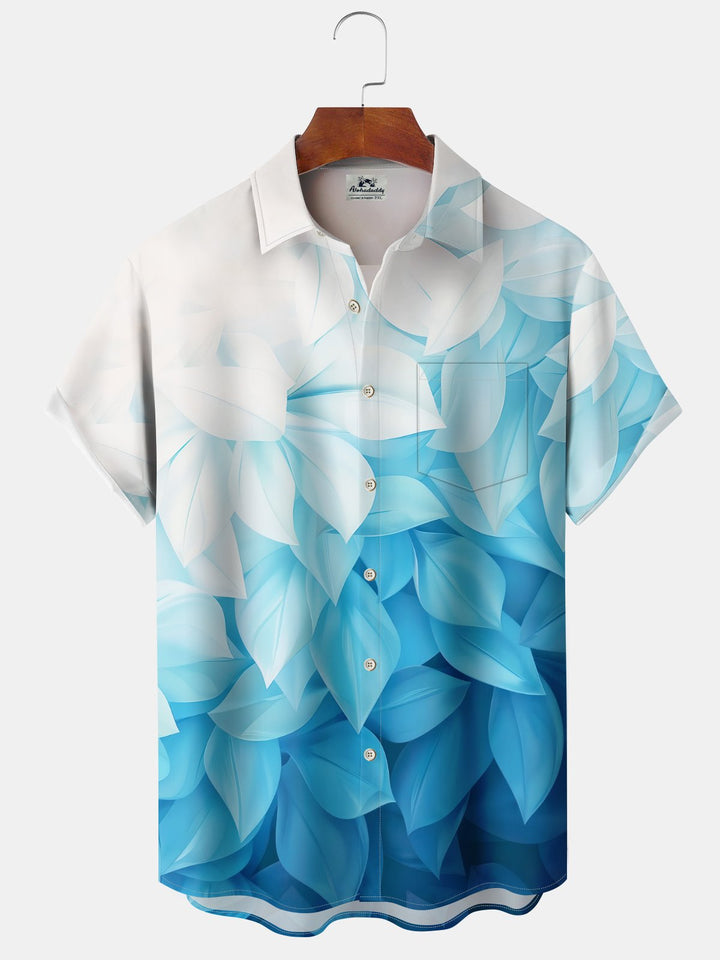 Alohadaddy Casual Collection Hawaii Vacation Leaves Gradient Color Print Art Button Cardigan Pockets Fresh Stretch Polyester Short Sleeve Shirt