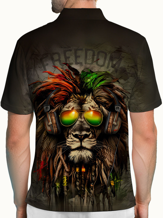 Alohadaddy Casual Daily Lion Rock Print Art Stretch Large Size Button Short Sleeve POLO Shirt