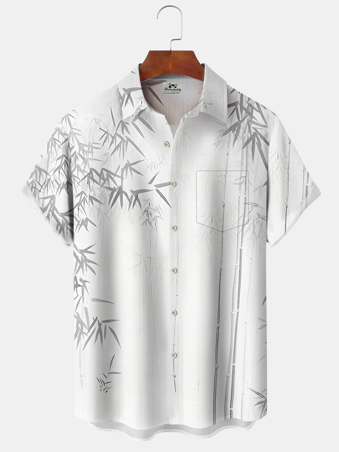 Alohadaddy Casual Collection Everyday Hawaii Bamboo Ink Print Art Button Cardigan Pocket Polyester Stretch Short Sleeve Shirt