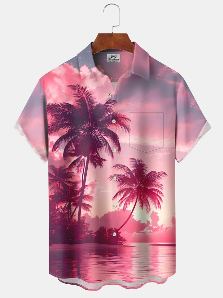 Alohadaddy Casual Everyday Palm Trees Beach Print Art Polyester Stretch Large Size Pocket Short Sleeve Shirt