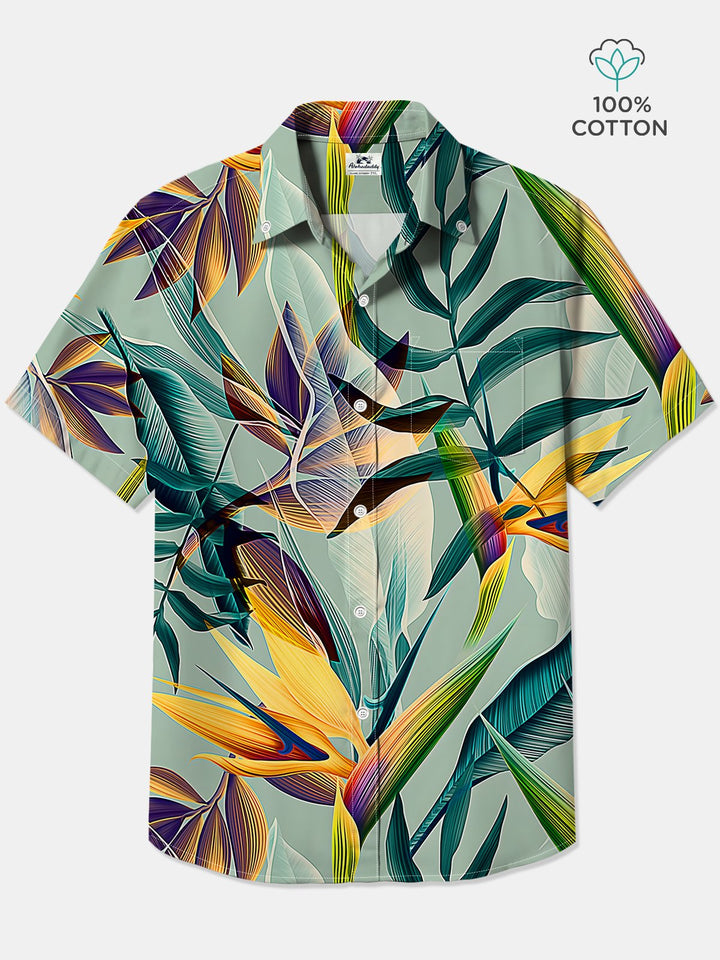 Alohadaddy Cotton Crane Orchid Print Art Chest Pocket Cardigan Large Size Long Hawaiian Short Sleeve Shirt