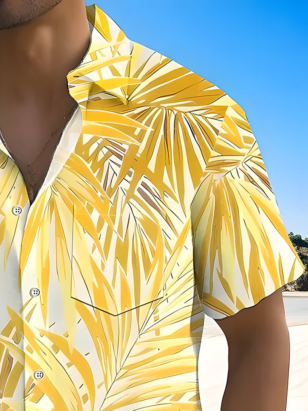 Alohadaddy® Palm Leaf Art Print Chest Pocket Elasticity Hawaiian Short Sleeve Shirt Big &amp; Tall