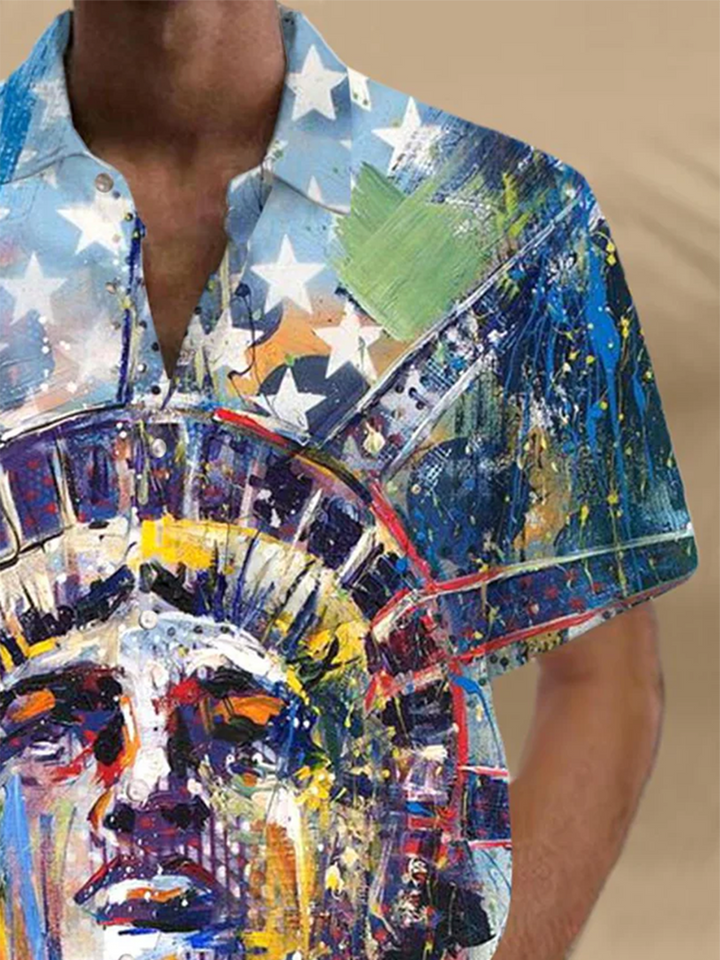 Alohadaddy® Casual Oil Painting Statue of Liberty Print Art Chest Pocket Men&