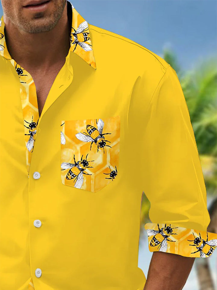 Alohadaddy® Casual Bee Contrast Art Print Mens Long Sleeve Shirt Big &amp; Tall