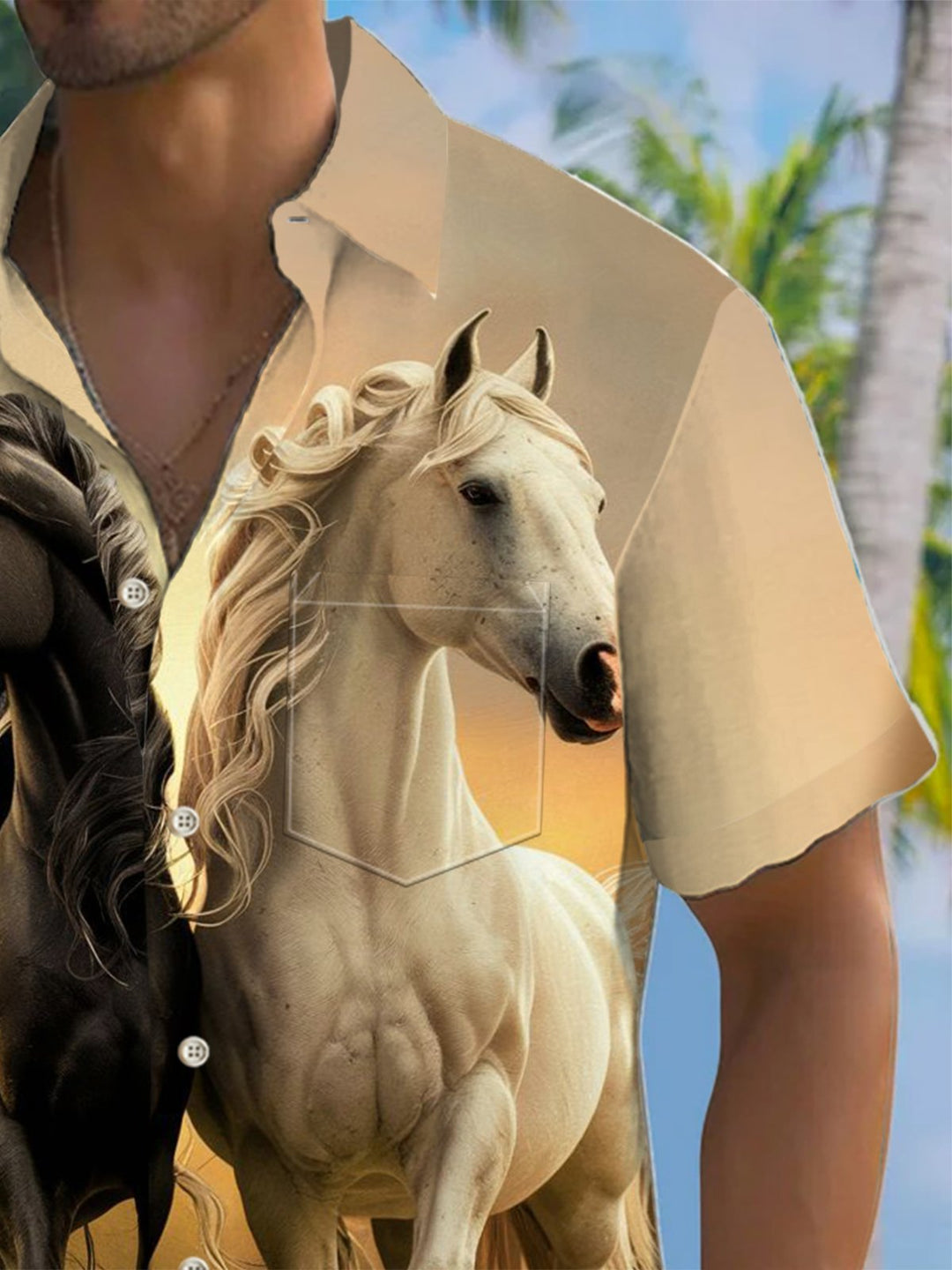 Alohadaddy® Casual Running Horse Print Art Chest Pocket Men&