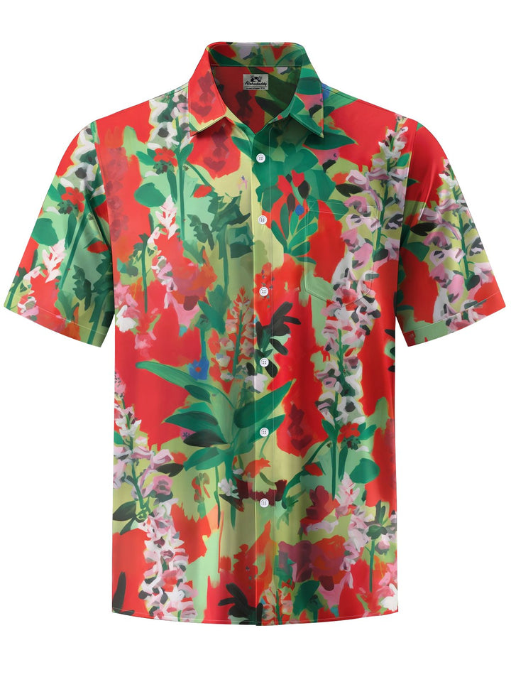 Alohadaddy® Hawaiian Tropical Flower Art Print with Chest Pocket and Elasticity for Men&
