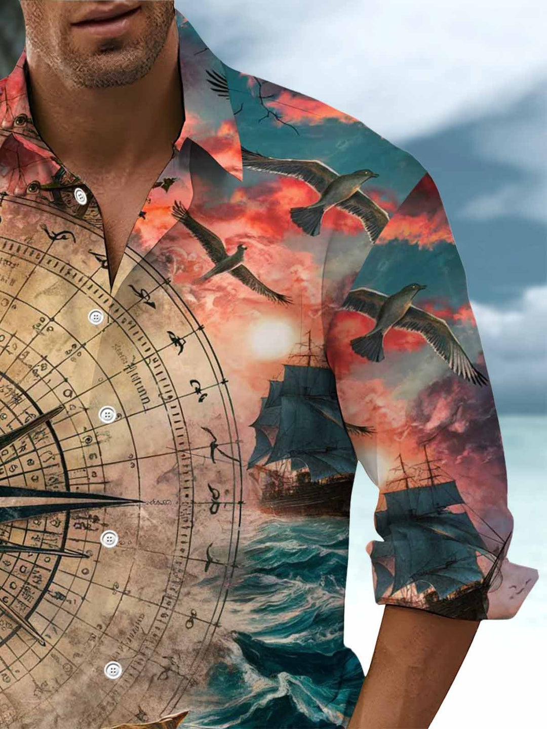 Alohadaddy® Vintage Nautical Compass Print with Chest Pocket for Men&