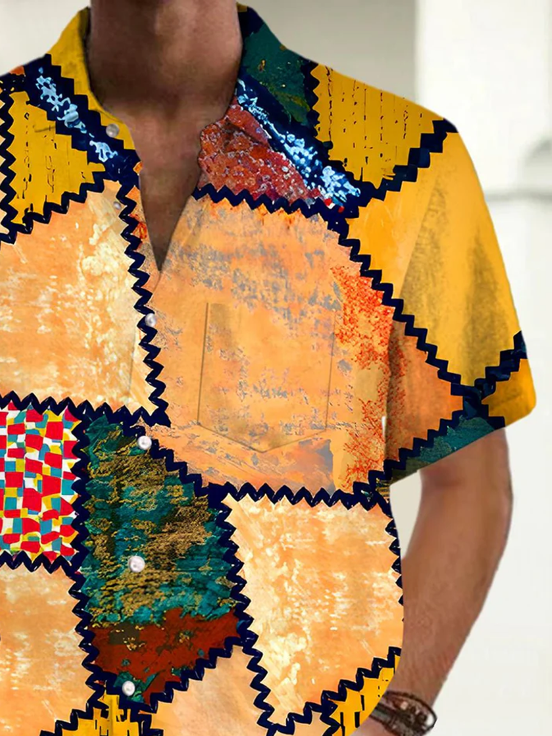 Alohadaddy® Vintage Geometric Art Print Chest Pocket Stretch Men&