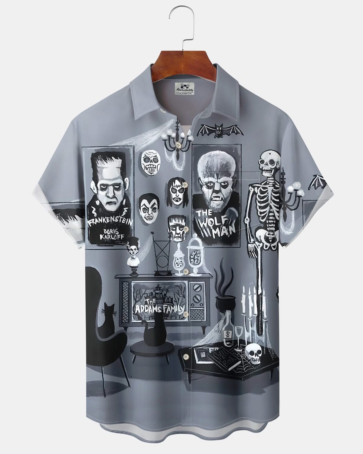Alohadaddy® Vintage The Addams Family Cartoon Print Pocket Elastic Button Men's Short Sleeve Shirt Big & Tall