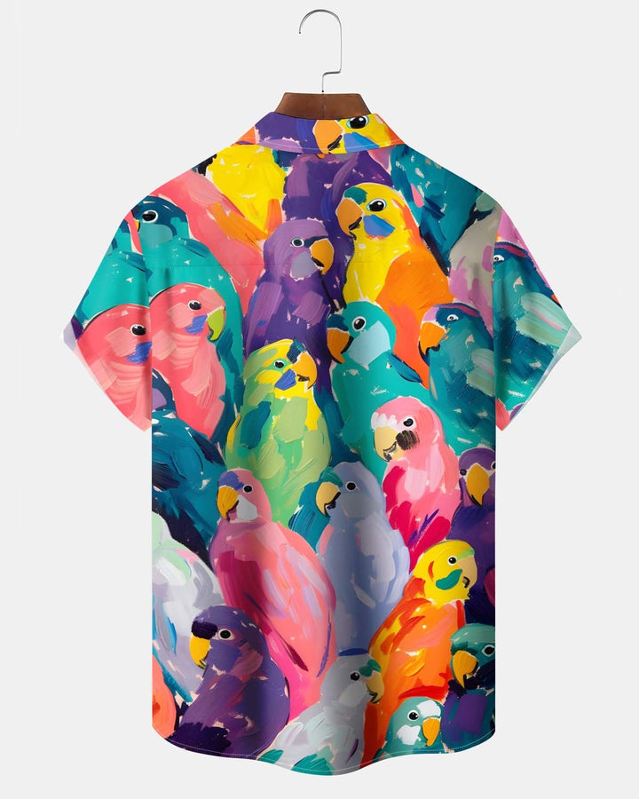 Alohadaddy® Vintage Parrot Oil Painting Print Art Pocket Button Stretch Men&