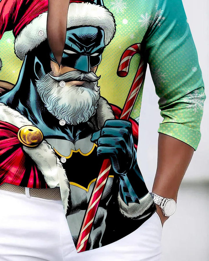 Alohadaddy® Satin Finish Christmas Batman Print Art Stretch Button Men&