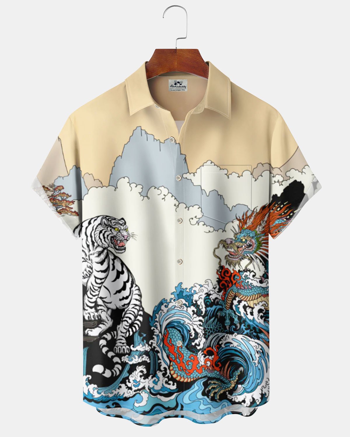 Alohadaddy® Vintage Ukiyo-e Dragon and Tiger Print Artistic Elastic Button Pocket Men's Short-Sleeve Shirt Big & Tall