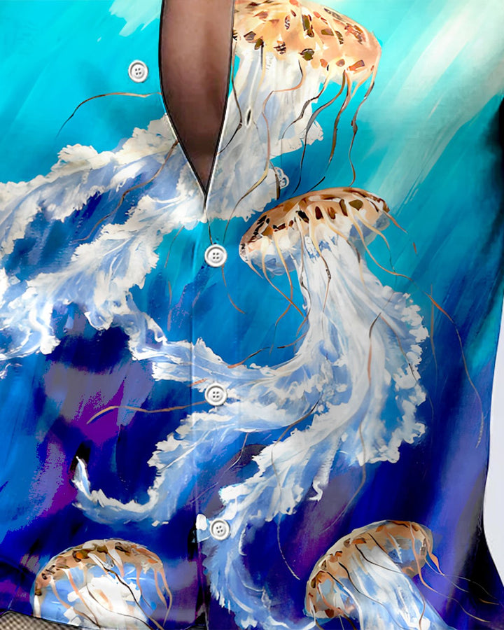 Alohadaddy® Satin Glossy Vintage Jellyfish Print Button Stretch Men&