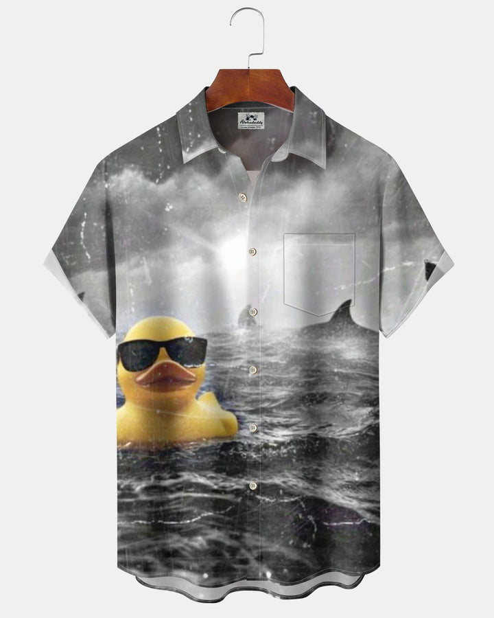 Alohadaddy® Retro Little Yellow Duck Shark Cartoon Print Art Pocket Button-Down Men&