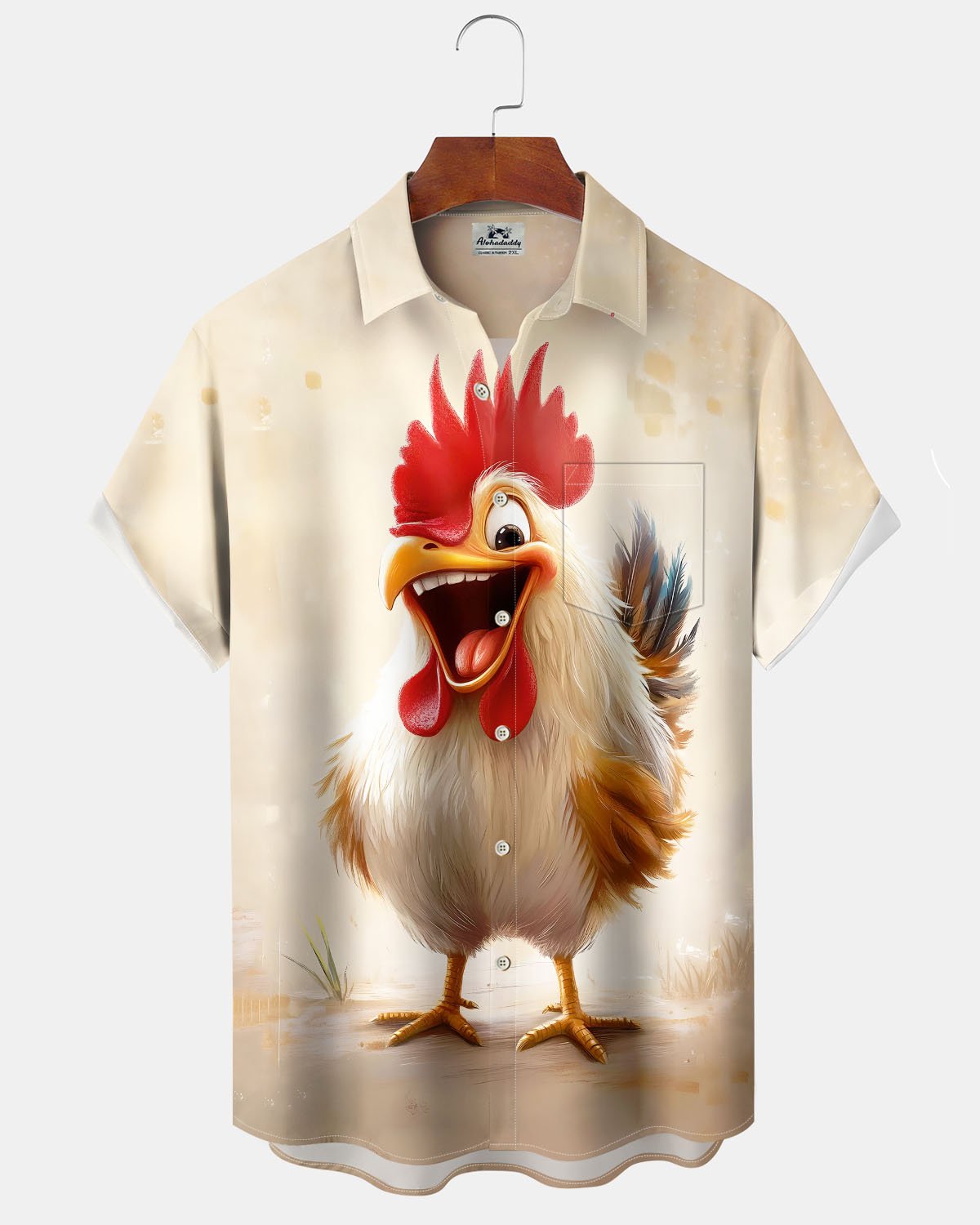 Alohadaddy® Casual Fun Rooster Print Art Button-Down Short-Sleeve Shirt with Pockets for Men Big & Tall
