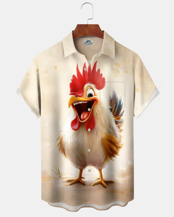 Alohadaddy® Casual Fun Rooster Print Art Button-Down Short-Sleeve Shirt with Pockets for Men Big &amp; Tall