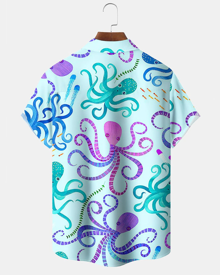 Alohadaddy® Hawaiian Cartoon Octopus Print Art Button-Down Cardigan Pocket Men&