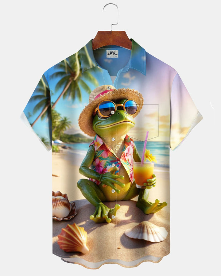 Alohadaddy® Hawaiian Vacation Frog Print Art Button Cardigan Pocket Men&