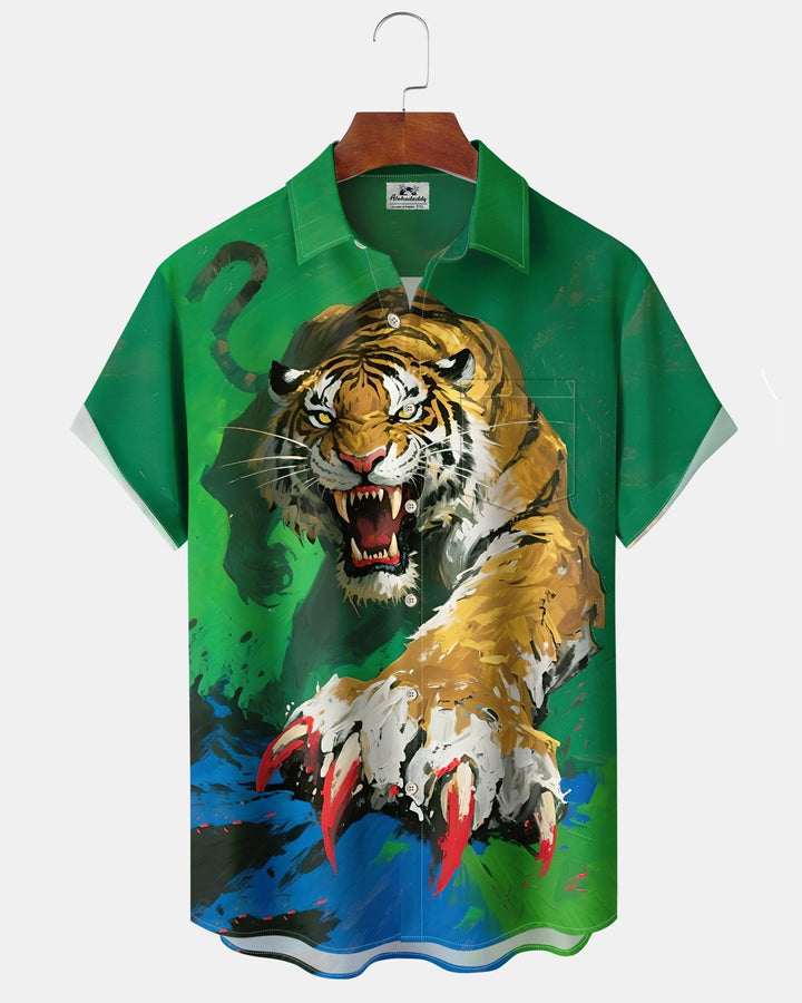 Alohadaddy® Casual Tiger Print Art Button Pocket Cardigan Men&