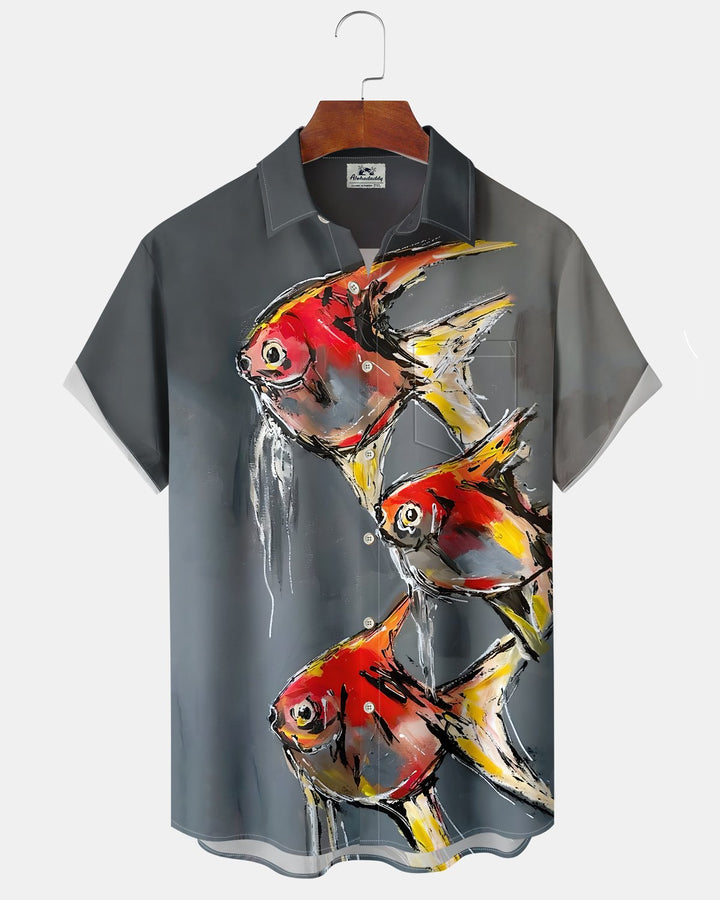 Alohadaddy® Casual Fish Print Art Button Pocket Cardigan Men&
