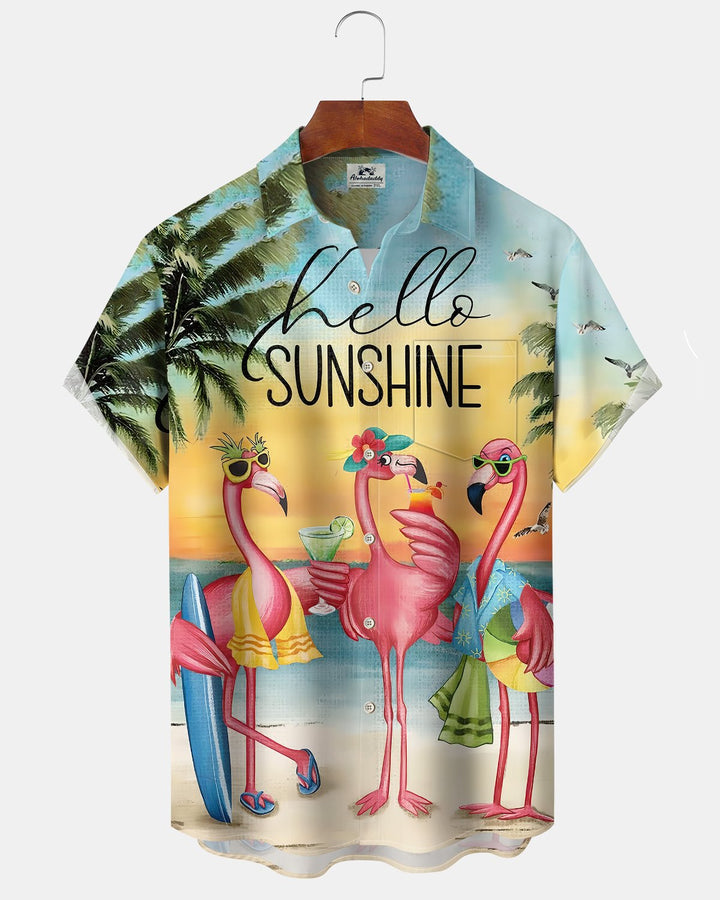 Alohadaddy® Hawaiian Flamingo Print Art Button Pocket Cardigan Men&