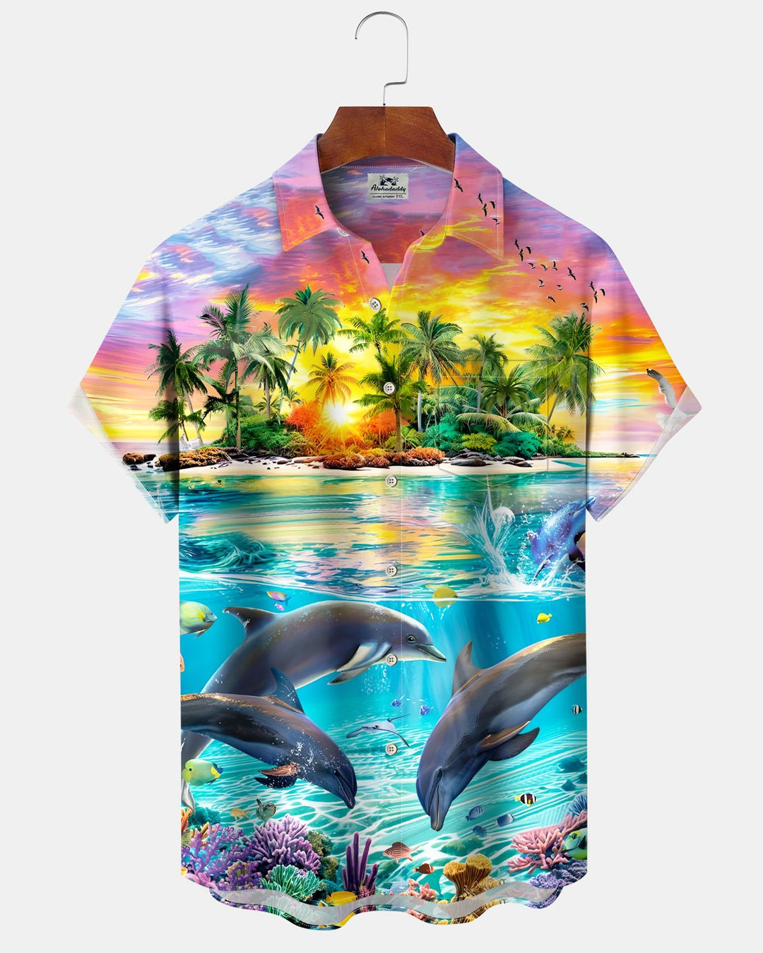 Alohadaddy® Hawaiian Dolphin Print Art Button Pocket Cardigan Men&