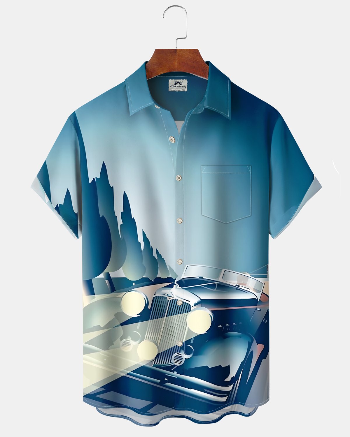 Alohadaddy® Men's Short-Sleeve Button-Down Cardigan Shirt with Vintage Car Print and Pocket