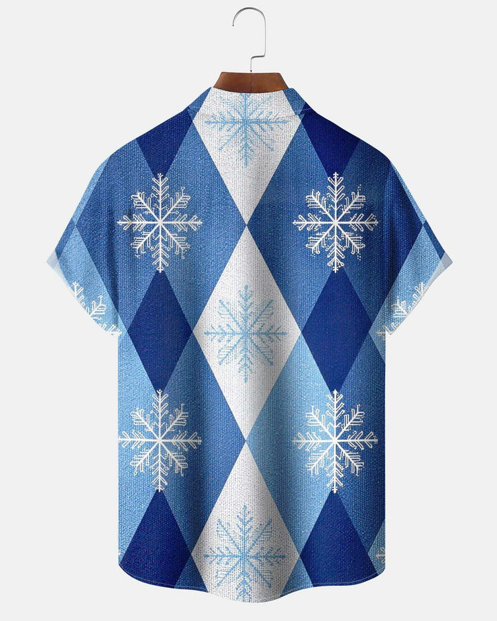 Alohadaddy® Men’s Short-Sleeve Button-Down Shirt Vintage-Style Christmas Snowflake Print with Pocket