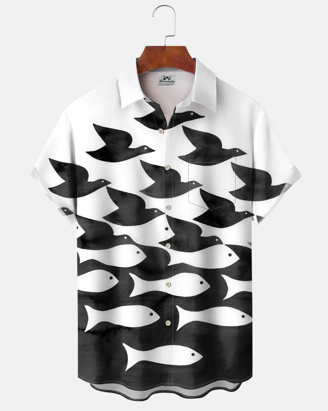 Alohadaddy® Men’s Short-Sleeve Button-Down Shirt  Casual Cardigan-Style Shirt with "Birds and Fish" Artistic Print and Pocket
