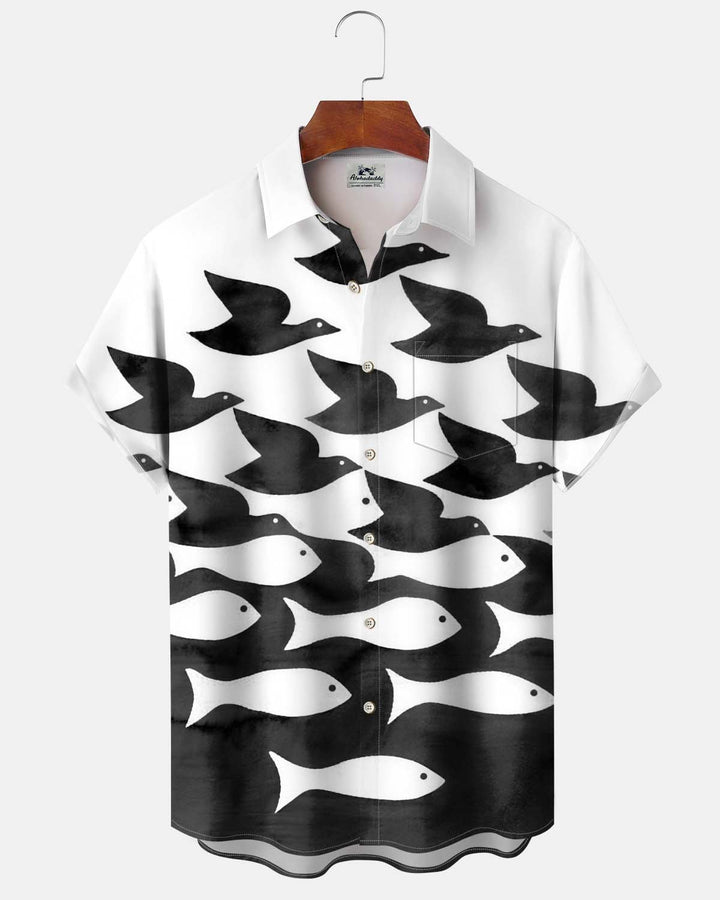 Alohadaddy® Men’s Short-Sleeve Button-Down Shirt  Casual Cardigan-Style Shirt with "Birds and Fish" Artistic Print and Pocket