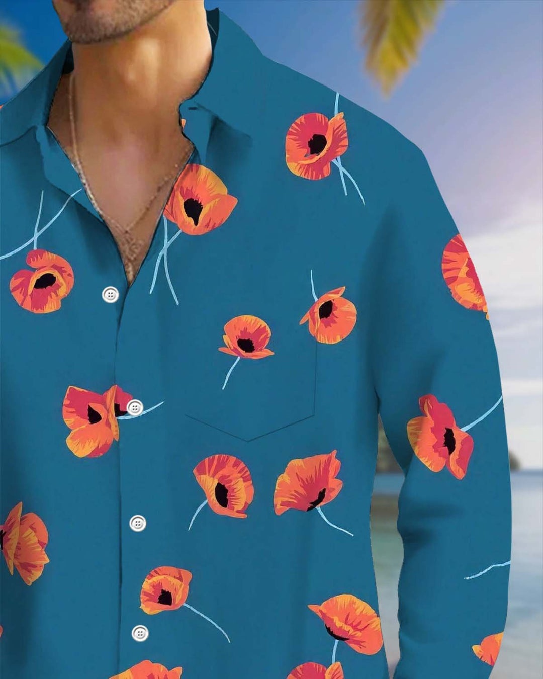 Alohadaddy® Men’s Long-Sleeve Casual Shirt Floral Print Button-Down with Pocket