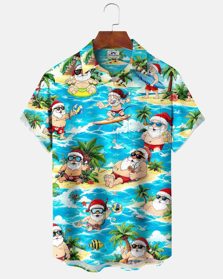 Alohadaddy® Men’s Short-Sleeve Button-Down Shirt  Hawaiian-Style Santa Claus Print with Pocket