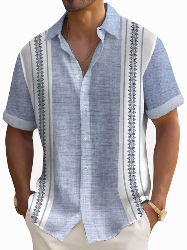 Camisa de manga corta con botones y estampado geométrico en contraste retro para hombre de Alohadaddy