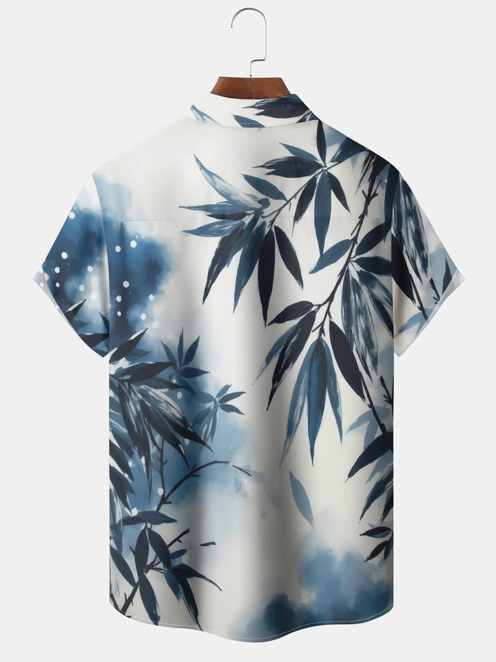 Alohadaddy Hawaiian Retro Series Ink Bamboo Leaf Print Art Pocket Button Elastic Large Size Shirt