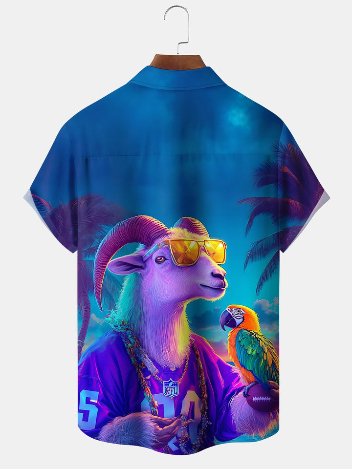 Alohadaddy Hawaiian Goat Parrot Print Art Cardigan Button Pocket Stretch Long Oversized Short Sleeve Shirt