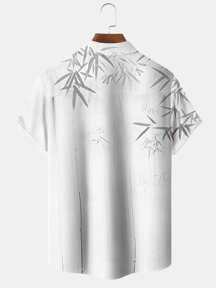 Alohadaddy Casual Collection Everyday Hawaii Bamboo Ink Print Art Button Cardigan Pocket Polyester Stretch Short Sleeve Shirt