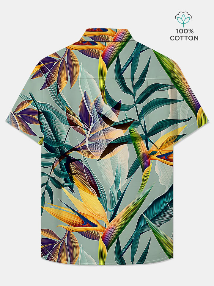 Alohadaddy Cotton Crane Orchid Print Art Chest Pocket Cardigan Large Size Long Hawaiian Short Sleeve Shirt