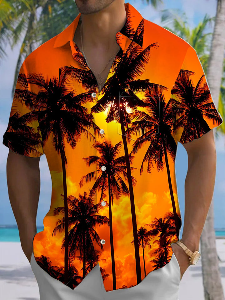 Alohadaddy® Palm Tree Sunset Chest Pocket Hawaiian Men&
