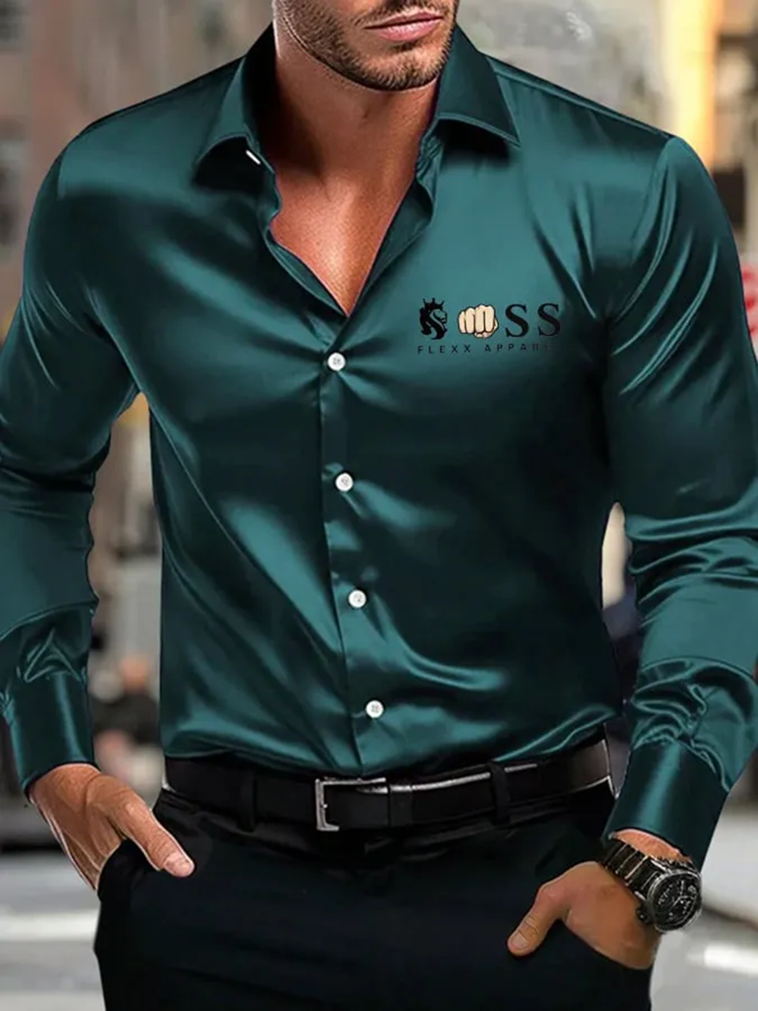 Alohadaddy® Casual Letter Logo Print Glossy Elastic Button Men&