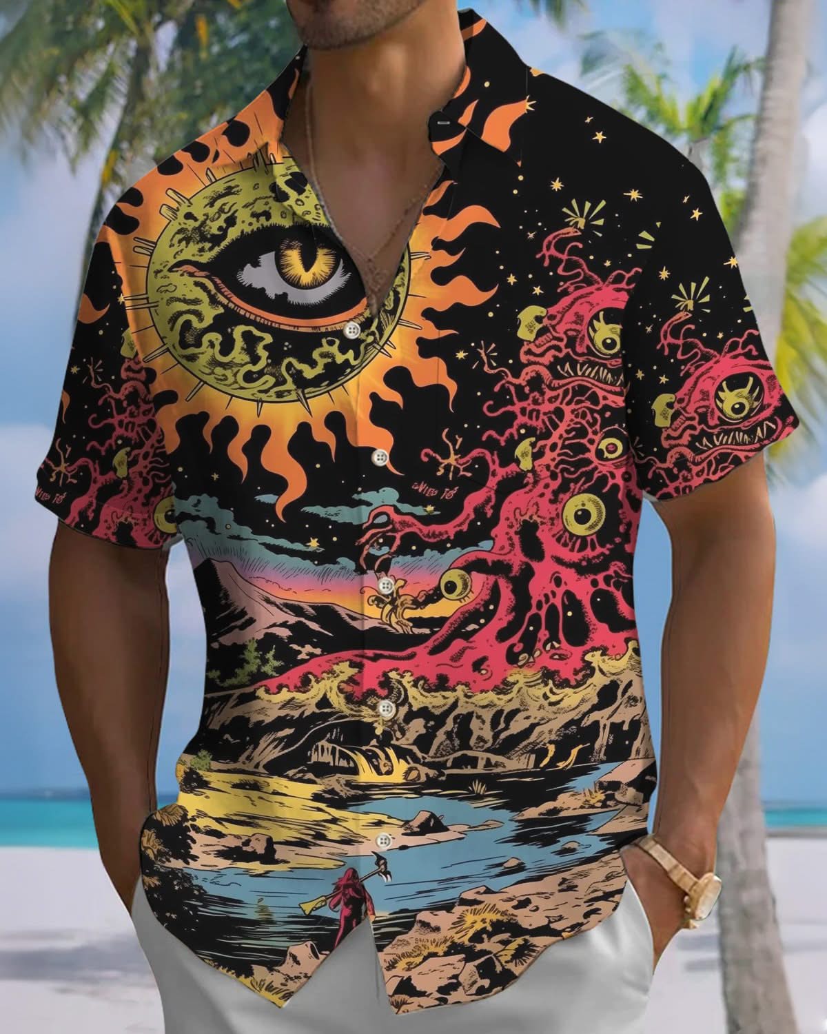 Alohadaddy® Retro Graffiti Print Sunglasses Pocket Button Men's Short Sleeve Shirt Big & Tall