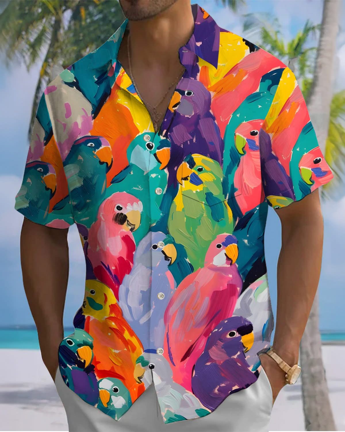 Alohadaddy® Vintage Parrot Oil Painting Print Art Pocket Button Stretch Men's Short Sleeve Shirt Big & Tall