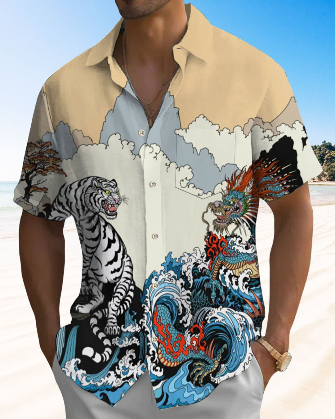 Alohadaddy® Vintage Ukiyo-e Dragon and Tiger Print Artistic Elastic Button Pocket Men&