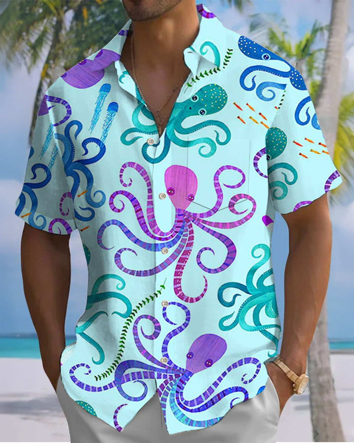 Alohadaddy® Hawaiian Cartoon Octopus Print Art Button-Down Cardigan Pocket Men's Short-Sleeve Shirt Big & Tall